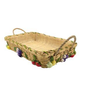Vintage Straw Weave Serving Basket Lined Handles Fruits 7" x 11" x 2"